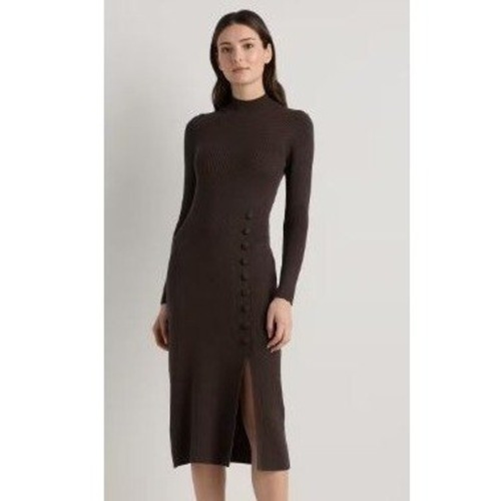 Quince Cotton Cashmere Side Slit Midi Dress Ribbed Mock Neck Women Size M
